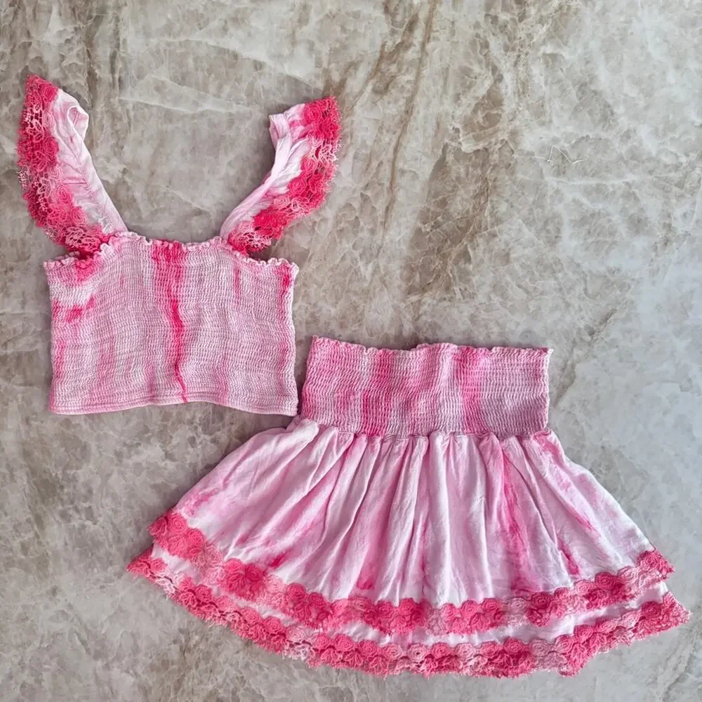 Little Peixoto Tie-Dye Smocked Ruffle Tiered Skirt Set with Lace Trim size 14
